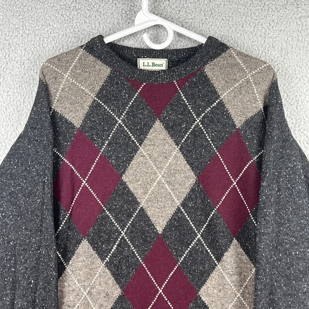 VTG LL Bean Sweater Mens L‎ 100% Lambswool Knit Scotland Grey White Fleck Argyle